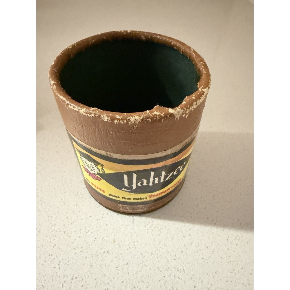 Vintage Yahtzee Dice Shaker Cup Leather Print Can